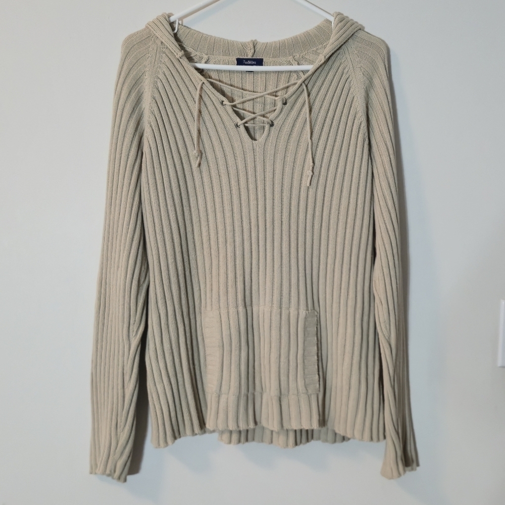 Reitmans XL Chunky Knit Lace Up Hoodie Sweater Oatmeal Beige